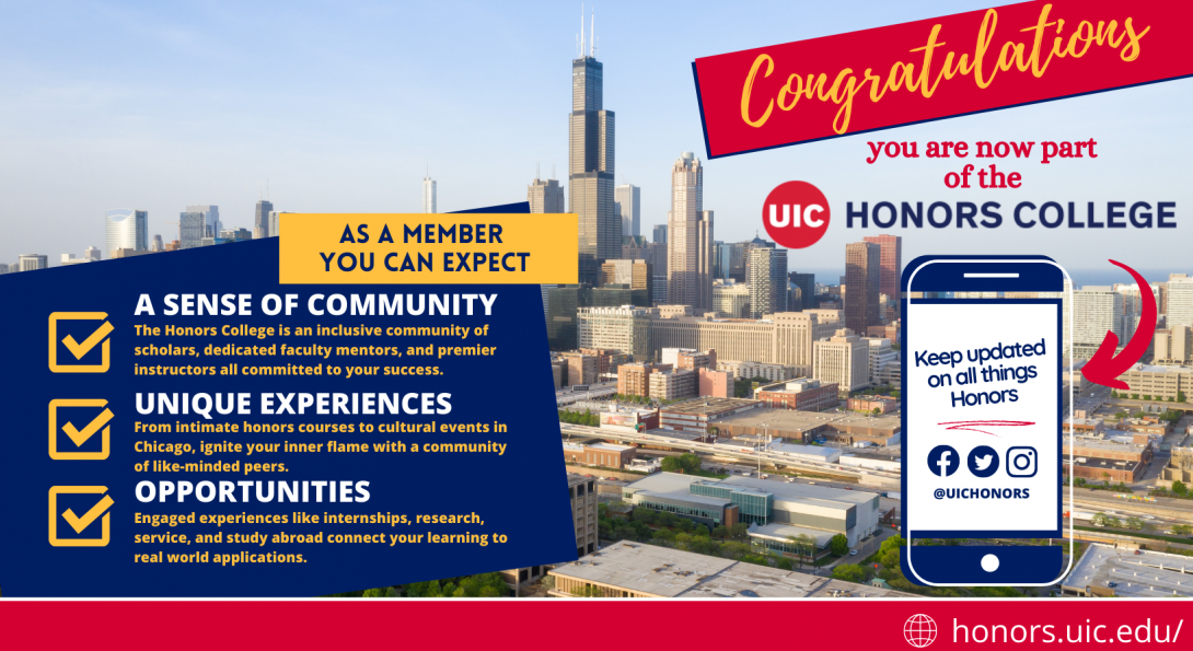 The background is of a shot of UIC among the Chicago skyline. There is a smart phone graphic with logos for Facebook, Instagram and Twitter.
