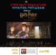 There is a picture of the Chicago Orchestra playing music as a scene from the movie Harry Potter plays above them.