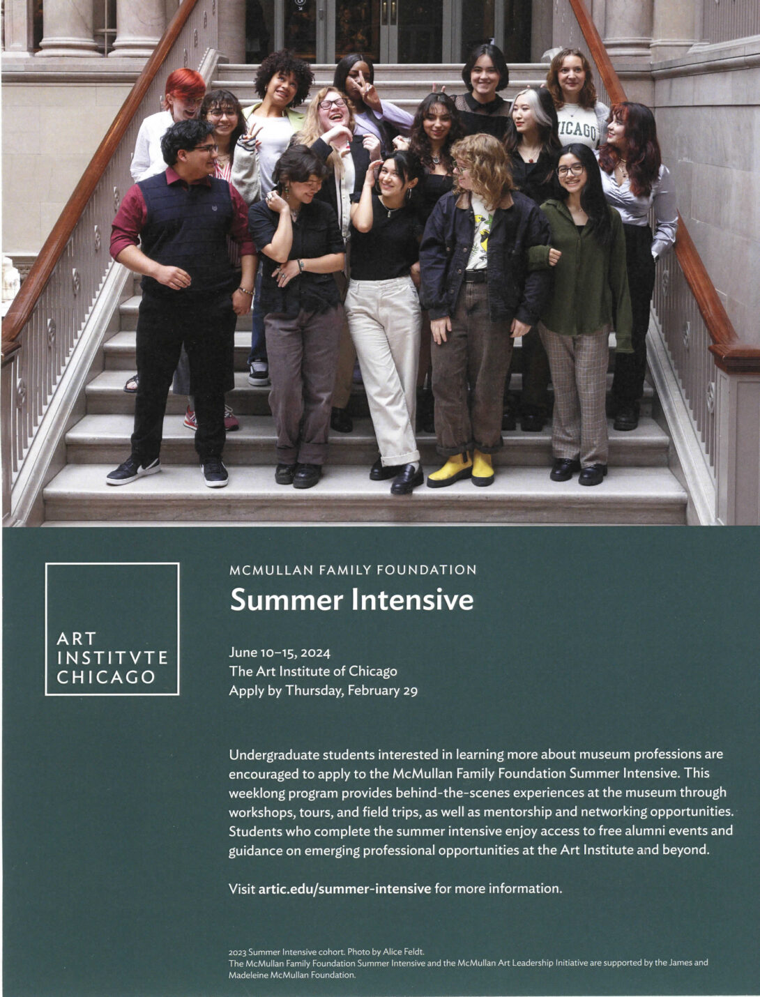 The upper half of the flyer features a photograph of the McMullan Family Foundation Summer Intensive participants of the summer of 2023. The lower half of the flyer features a logo of the Art Institue of Chicago accompanied by text advertising the program over a dark slate gray background.