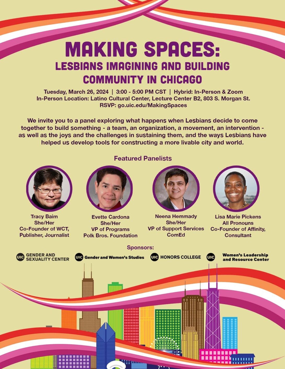 Purple text on a tan background describing the event (same info on this page). In the center are photos of the featured speakers. At the bottom is the Chicago skyline with buildings in a rainbow of colors. Multicolored swirls are at the top and bottom.