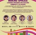 Purple text on a tan background describing the event (same info on this page). In the center are photos of the featured speakers. At the bottom is the Chicago skyline with buildings in a rainbow of colors. Multicolored swirls are at the top and bottom.