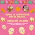 Background is pink. There are sugar skulls in the background.