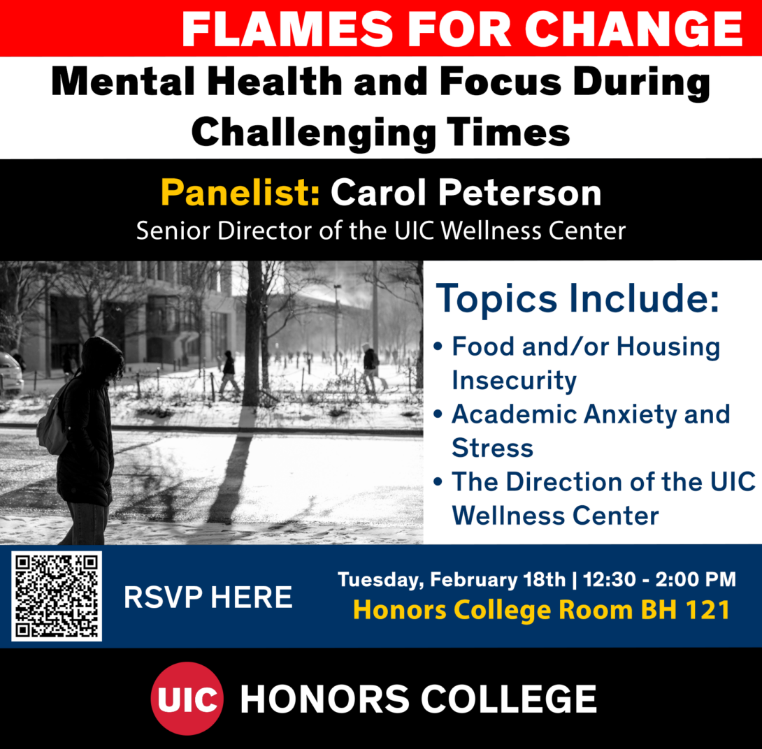 The image has a qr code at the bottom. There is a the UIC Honors College logo at the bottom. There is a picture of campus.