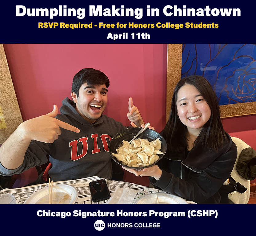 Students pointing a pile of dumplings they made