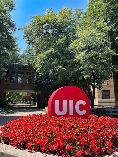 UIC signage in a flowerbed during the summer
